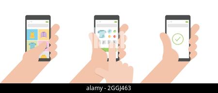 A hand holding a smartphone and shopping online. Purchasing process. Isolated vector illustration Stock Vector