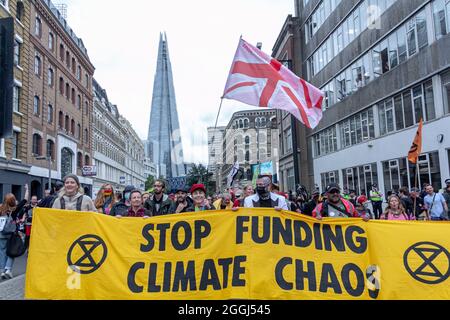 Extinction Rebellion activists and its affiliated groups began two weeks of climate protests in London last week to 'target the root cause of the climate and ecological crisis', calling on the government to halt all new fossil fuel investment immediately. London, England.