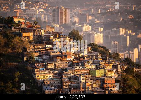 Beautiful sunrise view to favela on hillside in Rio de Janeiro, Brazil Stock Photo