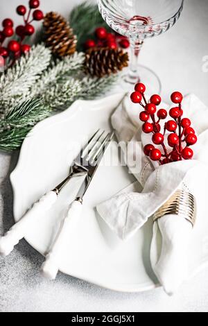 Minimalistic table setting for festive christmas dinner Stock Photo