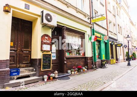 POZNAN, POLAND - Nov 12, 2018: A Row of restaurants and bars in the city center Stock Photo