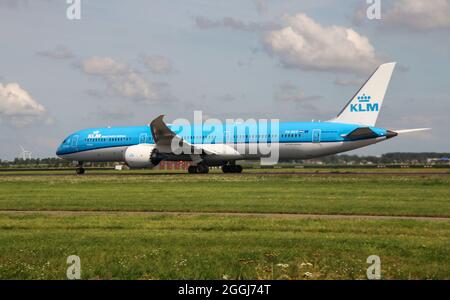 PH-BKD KLM Royal Dutch Airlines Boeing 787-10 Dreamliner Airplane is departing from Polderbaan 18R-36L of Schiphol Amsterdam Airport the Netherlands Stock Photo