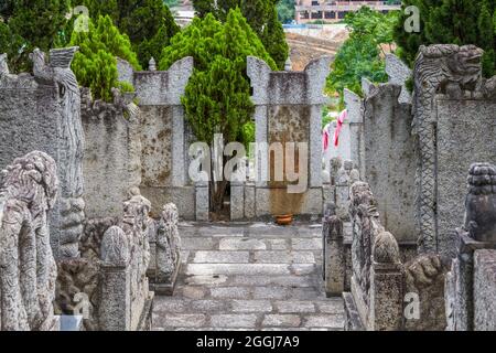 Rows of stone tombstones in a public cemetery Stock Photo