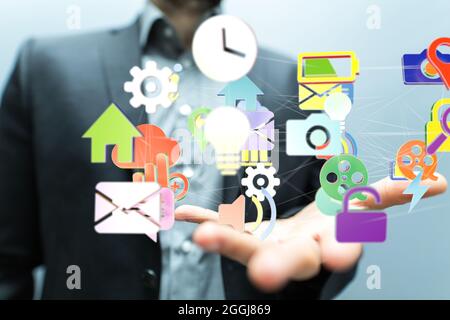 Cloud-connected to many objects on a virtual screen Stock Photo