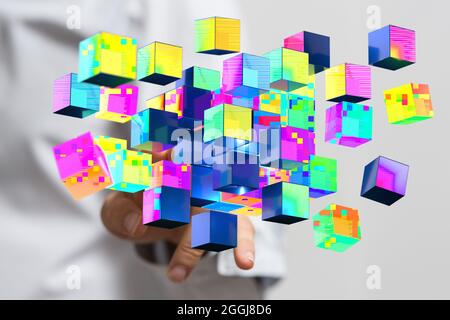 Cloud-connected to many objects on a virtual screen. Stock Photo