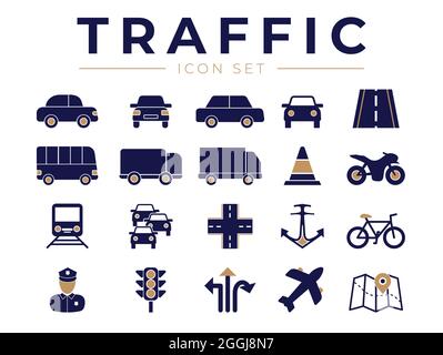 Traffic Icon Set with Car, Truck, Road, Motorcycle, Bicycle, Train, Airplane, Policeman, Marine, Bus, Map, Lights Icons Stock Vector