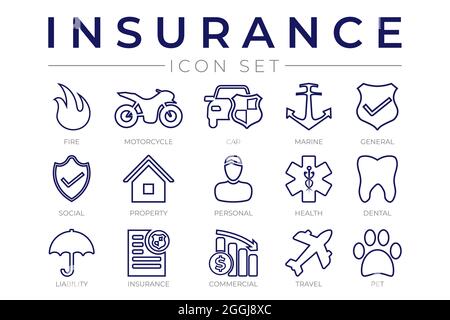 Outline Insurance Icon Set with Car, Property, Fire, Life, Pet, Travel, Dental, Commercial, Health, Marine, Liability Web Icons Stock Vector