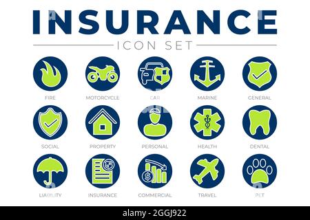 Round Insurance Icon Set with Car, Property, Fire, Life, Pet, Travel, Dental, Commercial, Health, Marine, Liability Web Icons Stock Vector