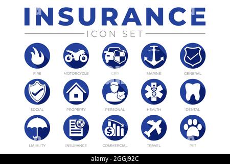Blue Insurance Icon Set with Insurance Icons Stock Vector