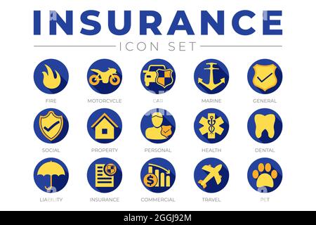 Blue and Yellow Insurance Icon Set with Car, Property, Fire, Life, Pet, Travel, Dental, Commercial, Health, Marine, Commercial and Liability Insurance Stock Vector