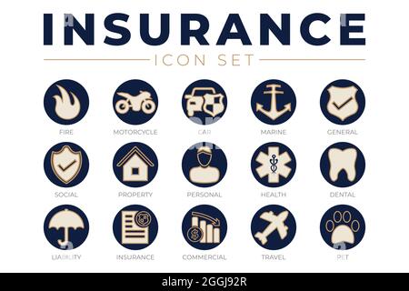 Elegant Insurance Icon Set with Car, Property, Fire, Life, Pet, Travel, Dental, Commercial, Health, Marine, Liability Web Icons Stock Vector