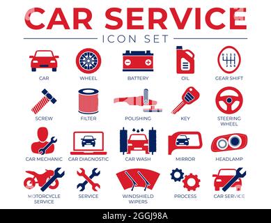 Red Blue Car Service Icons Set with Battery, Oil, Gear Shifter, Filter, Polishing, Key, Steering Wheel, Diagnostic, Wash, Mirror, Headlamp Icons Stock Vector