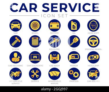 Blue Yellow Car Service Round Icons Set with Battery, Oil, Gear Shifter, Filter, Polishing, Key, Steering Wheel, Diagnostic, Wash, Mirror, Headlamp Ic Stock Vector