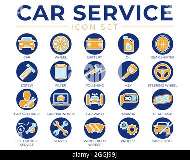 Car Service Round Colorful Icons Set with Battery, Oil, Gear Shifter, Filter, Polishing, Key, Steering Wheel, Diagnostic, Wash, Mirror, Headlamp Icons Stock Vector