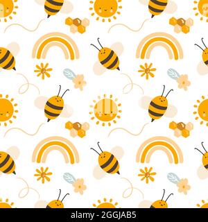 Cute child seamless hand drawn pattern with flying kid bees and rainbow and flowers. Vector scandinavian baby summer illustration Stock Vector
