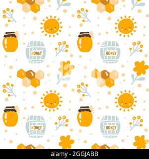 Scandinavian kids seamless pattern of cute bee with honey jar, sun, baby flower and hexagon in flat vector style. illustation for background, banner Stock Vector