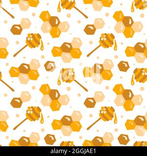 Vector scandinavian kid seamless honey pattern. Outline honeycomb, honey dipper symbol, hexagon in flat vector style. Baby simple yellow background Stock Vector