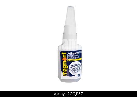 Huelva, Spain - August 28, 2021: Bottle of cyanoacrylate adhesive of a generic spanish brand. Cyanoacrylates are a family of strong fast-acting adhesi Stock Photo