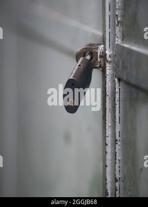 Close-up of a padlock on a weathered metal gate with peeling paint and shallow depth of field. Stock Photo