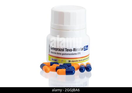 Huelva, Spain - August 27, 2021: Spanish bottle of generic Omeprazole from Teva-Rimafar laboratory. It is used to treat stomach and esophagus problems Stock Photo