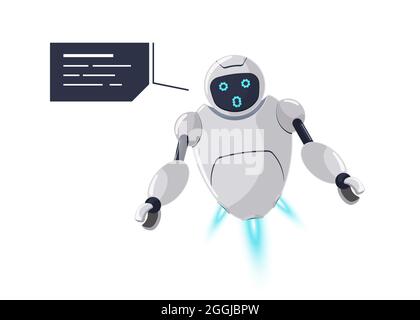 Cute friendly robot character surprise emotion. Futuristic white chatbot mascot surprises unexpected error with speech bubble. Tech cartoon online bot communication. Robotic AI assistance talk. Eps Stock Vector