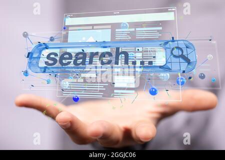 Closeup of a 3D interface web application hologram on a man's hand Stock Photo