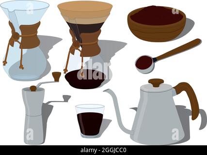 Chemex coffee maker with accessories collection vector illustration Stock Vector