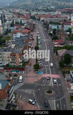 Main road in the city of Piatra Neamt, in Romania, seen from above. Stock Photo
