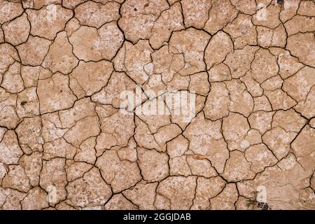 Drought cracked land. Water crisis concept, seasonal water scarcity. Dried soil texture. Stock Photo
