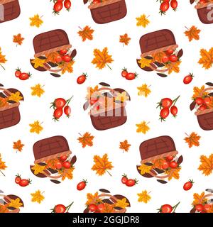 Seamless pattern with a basket with mushrooms, maple leaves and rose hips. Print with autumn harvest in the forest Stock Vector