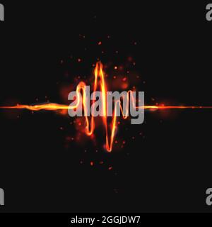 Heart beat 3D wave on dark background. Abstract heartbeat or cardiogram in form of fire with sparks. Digital music sound energy vector network. Futuri Stock Vector