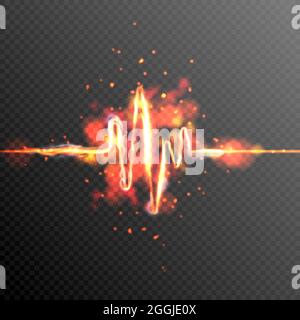 Heart beat 3D wave on transparent background. Abstract heartbeat or cardiogram in form of fire with sparks. Digital music sound energy vector network. Stock Vector