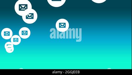 Multiple envelope icons floating against green background Stock Photo