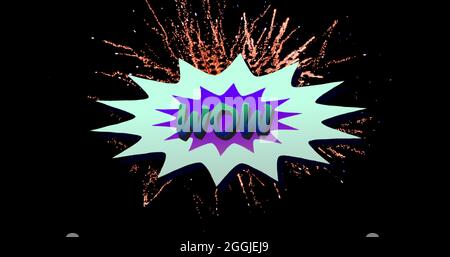 Wow text on retro speech bubble against firework exploding on black background Stock Photo