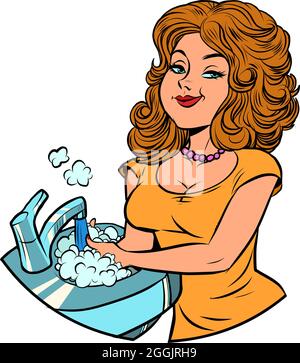 beautiful young woman washes dishes, homework in the kitchen Stock Vector