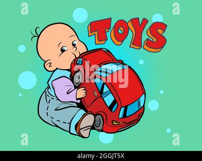 little baby favorite cute baby chewing on a toy car Stock Vector