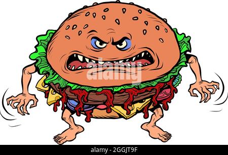 Angry hungry burger character. Emotional fast food. isolate on white background Stock Vector