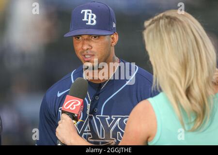 St. Petersburg, FL. USA; Tampa Bay Rays right fielder Brett Phillips (35)  was all smiles while being interviewed by Bally's Sports reporter Tricia Wh  Stock Photo - Alamy