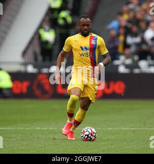 London, UK. 31st Aug, 2021. Jordan Ayew of Crystal Palace in action during the Premier League match between West Ham United and Crystal Palace at the London Stadium, Queen Elizabeth Olympic Park, London, England on 28 August 2021. Photo by Ken Sparks. Editorial use only, license required for commercial use. No use in betting, games or a single club/league/player publications. Credit: UK Sports Pics Ltd/Alamy Live News Stock Photo