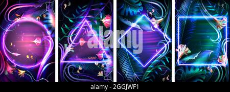 Set of tropical neon frames. Floral background with glowing tropic leaves and illuminated border of different geometric shapes. Bright palm leaf and exotic plants realistic vector illustration. Stock Vector
