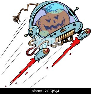 Halloween pumpkin in space, an autumn holiday. The Terrible Astronaut. Isolate on a white background Stock Vector