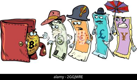 Bitcoin does not allow cash in the wallet the currency of different countries Stock Vector