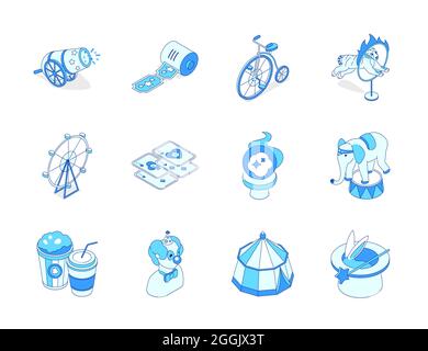Visit a circus - - modern line design style icons set. Clean, stylish art with thin fine design. Lets start the show! Come closer, you will see incred Stock Vector