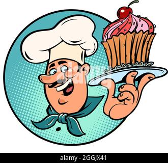 sweet cupcake basket with a cherry in the hands of the cook. Confectionery product Stock Vector