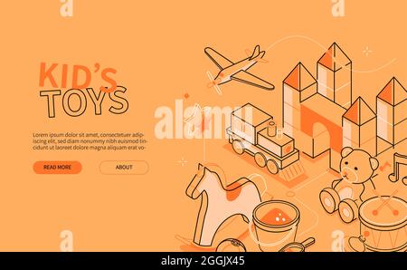 Kids toys - line design style orange isometric web banner. Clean, stylish art with thin fine design. Childs favorite items - blocks, locomotive, airpl Stock Vector