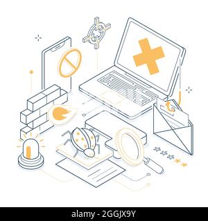 Protection against computer viruses - isometric line illustration. Clean, stylish art with thin fine design in black and yellow color. Protect your ga Stock Vector
