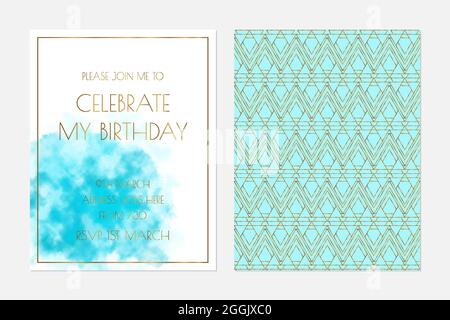 Turquoise Watercolor Invitation Design with Light Pastel Gold Cover Page Stock Vector