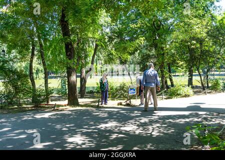 Maintenance of public park and gardens. Municipal workers cleaning public park Cismigiu Gardens in Bucharest, Romania, 2021 Stock Photo