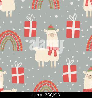Seamless Christmas pattern with llama, rainbow and gifts Christmas ornament with red and green color, vector illustration Digital paper Stock Vector
