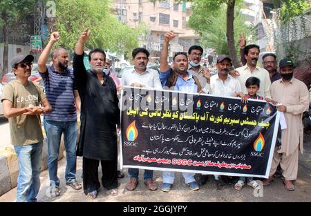 Terminated Employees of Sui Southern Gas Company (SSGC) are holding protest demonstration against unemployment and price hiking, at Hyderabad press club on Wednesday, September 01, 2021. Stock Photo